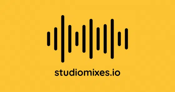 Logo studiomixes sur fond jaune avec l'adresse du site